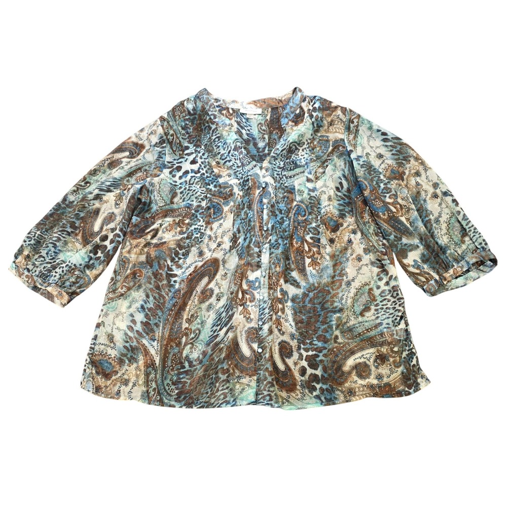 Dressbarn Paisley Leopard Print Blouse Women's 2X Blue Brown 3/4 Sleeve V-Neck